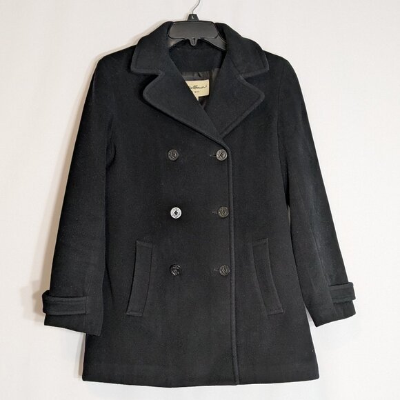 EDDIE BAUER Black Wool Blend Double Breasted Mid-Length Coat; Size S - Picture 1 of 5